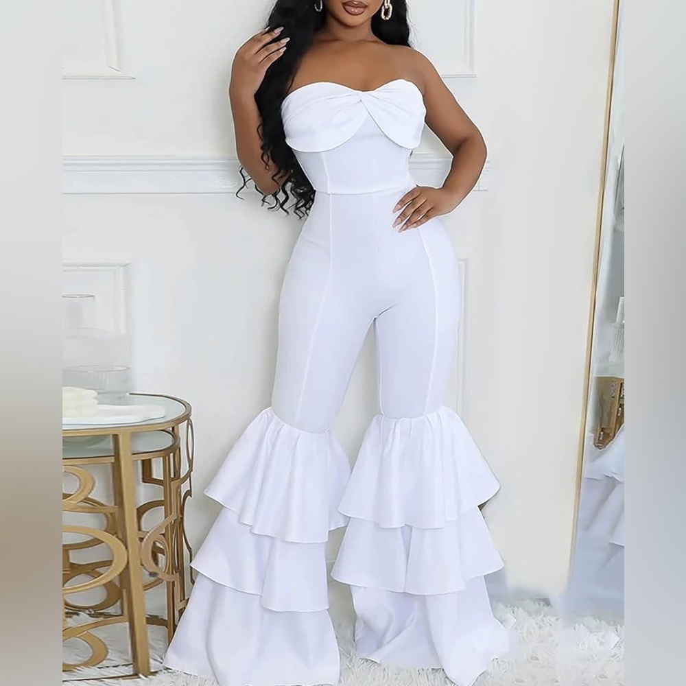 Women's Sexy Off Shoulder Satin Jumpsuits Bodycon Ruffled Tube Top Flared Bell